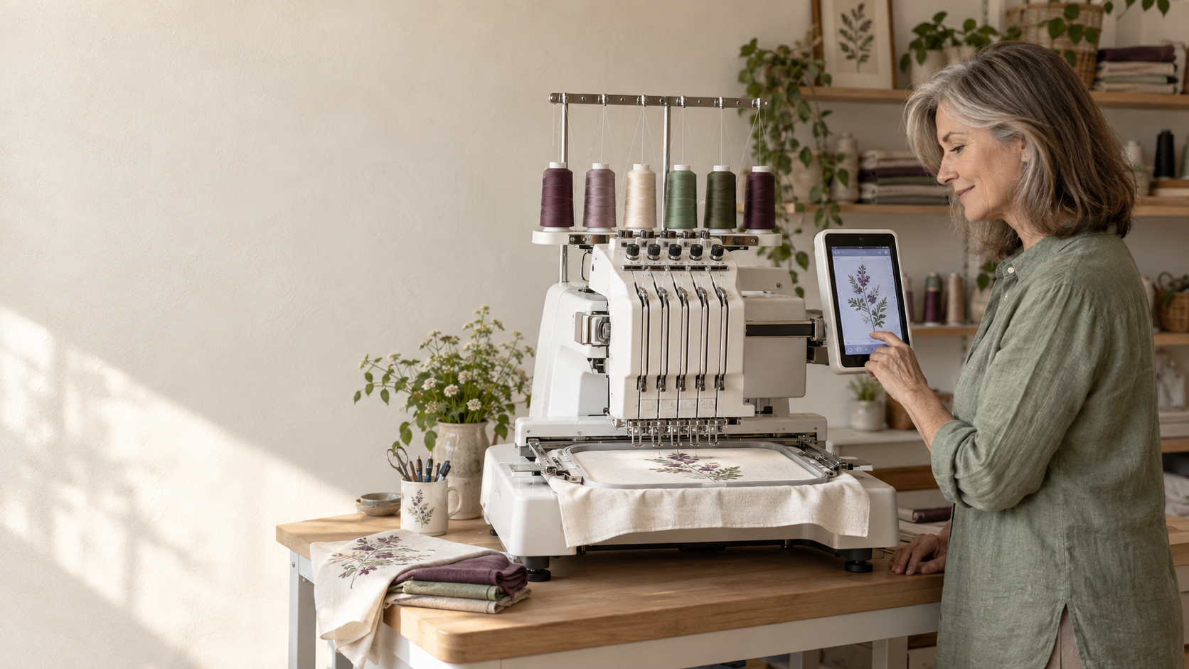 Woman selecting a floral design on a large embroidery machine in a warm home studio