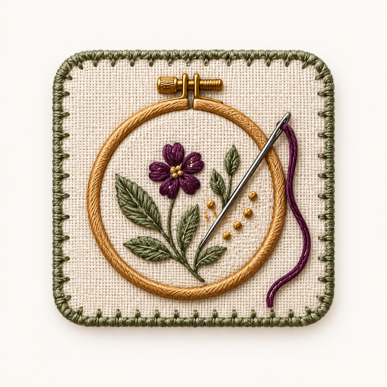 An embroidery hoop with a design and threaded needle