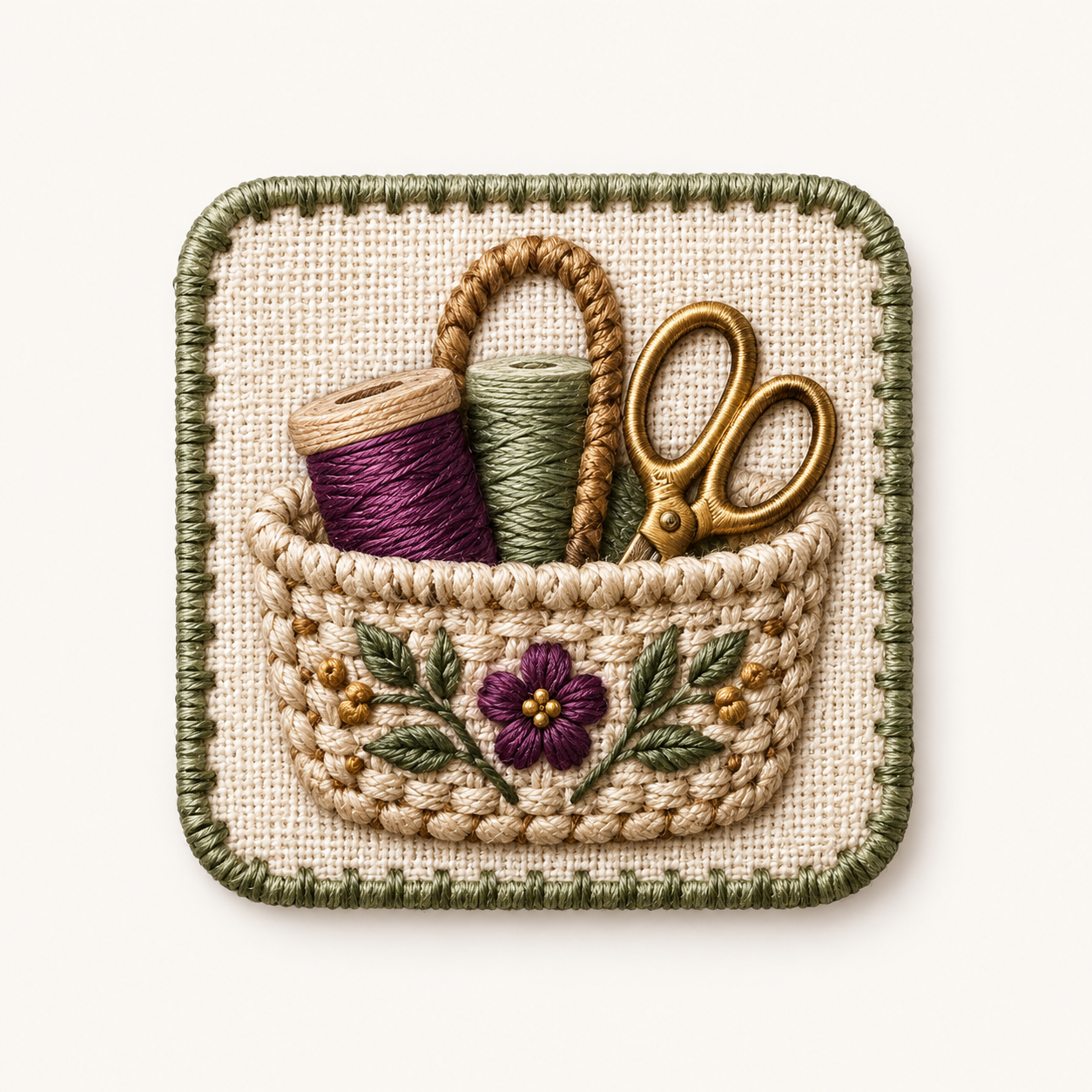 An embroidered basket of thread and scissors